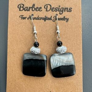Square Black and Silver Ceramic Drop Earrings